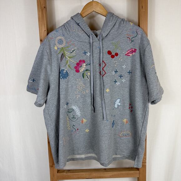 Johnny Was Tops - Johnny Was Embroidered Gray Short Sleeve Hoodie Top #1338 Size XL